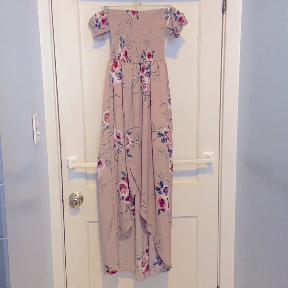 Maxi tan floral off the shoulder dress